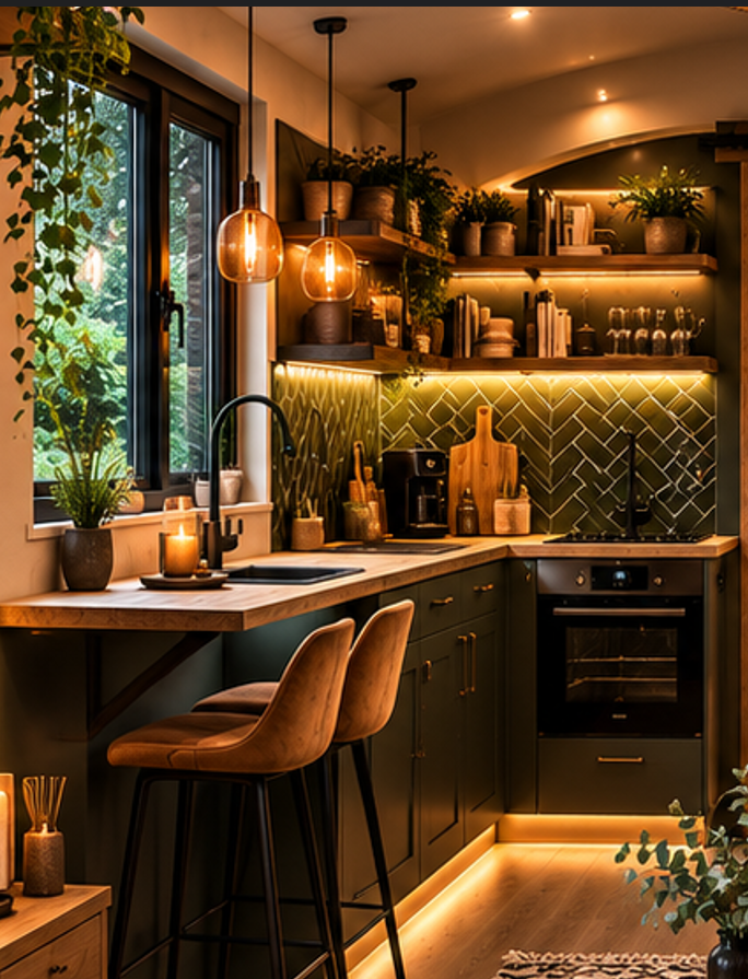 Open-plan kitchen and breakfast bar inside Keepers Cottage
